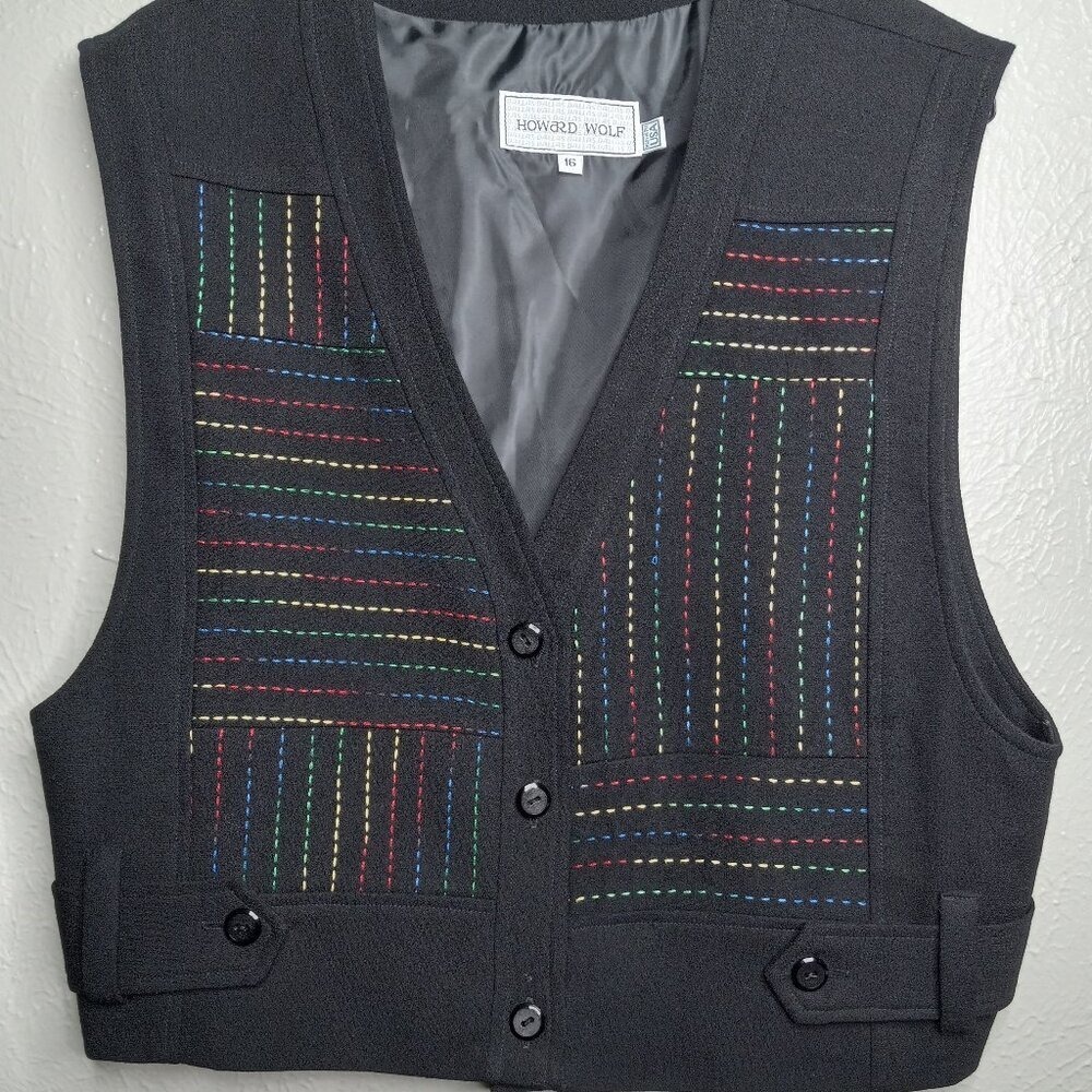 Howard Wolf Vintage Black Rainbow Embroidered Vest Womens 16 Made in USA